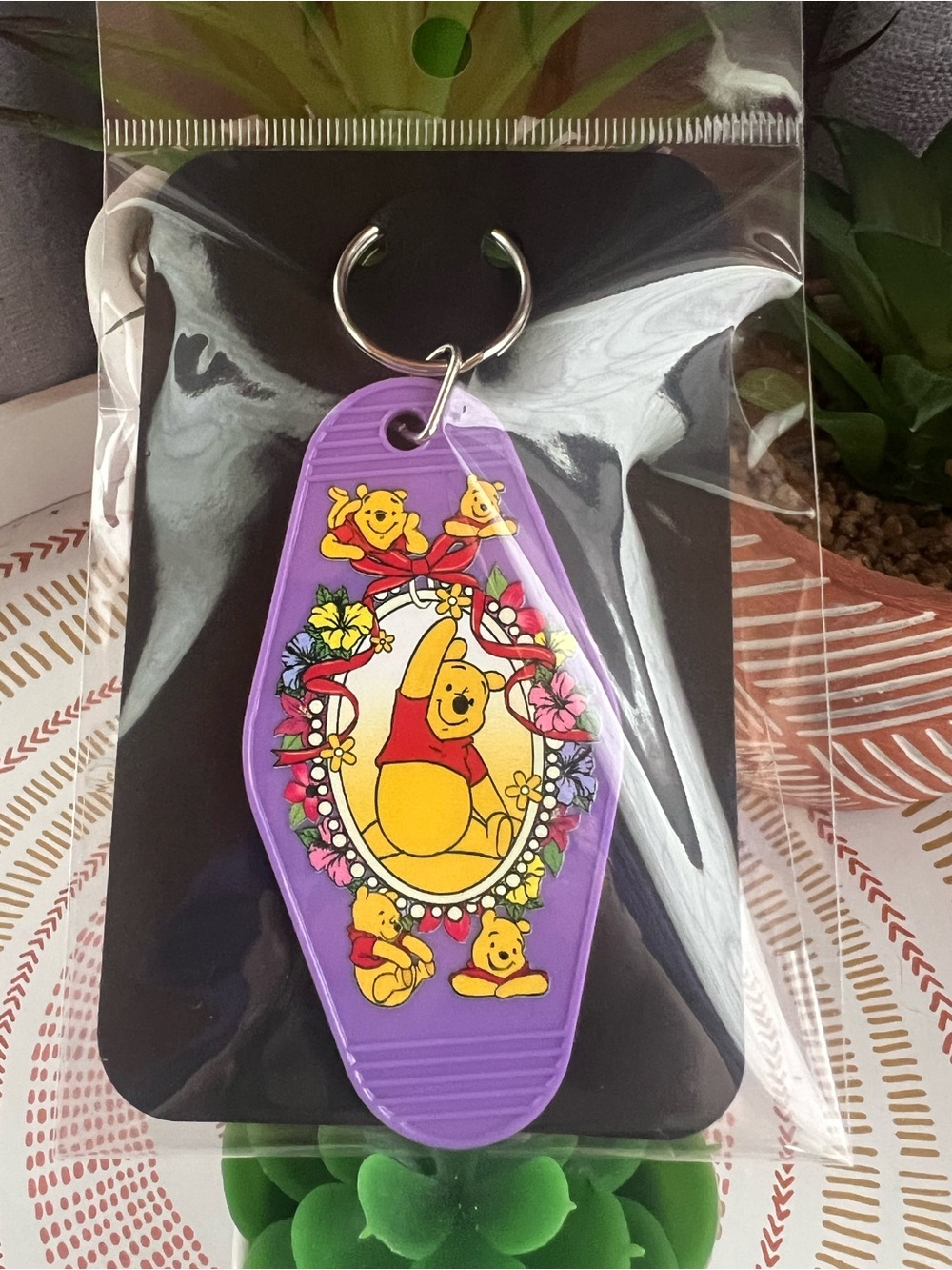 Purple Winnie the Pooh Floral Motel Keychain